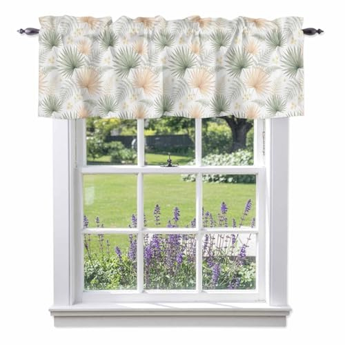 Summer Botanical Valances Curtain for Windows Green Brown Fan Palm Leaf Fern Frond Valance Rod Pocket Window Treatment Short Curtains for Kitchen Bathroom Living Room Bedroom, 60 W x 18 L