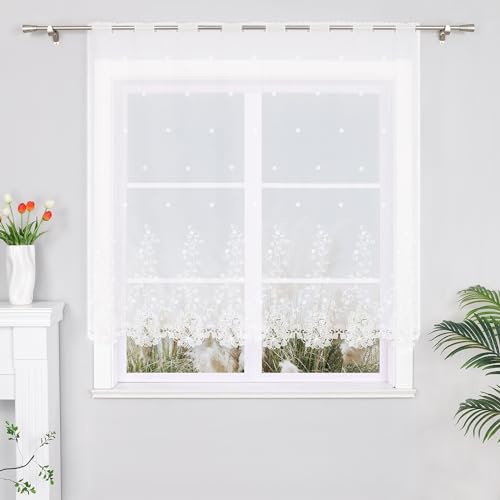 Yujiao Mao Scheibengardine Küchengardinen Bistrogardine Mit Besticke Weiß Blumen Küche Vorhang Tür Halbtransparent HxB 150x150cm 1 Stück