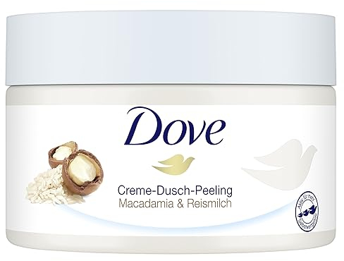 Dove Creme-Dusch-Peeling Macadamia & Reismilch Hautpflege für geschmeidige Haut mit Jojobawachs-Perlen 225 ml
