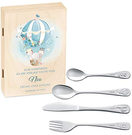 Maverton Kinderbesteck Set mit Gravur + Holzbox mit Aufdruck - aus Edelstahl - mit Tieraufdruck - 4-teilig - personalisierbar - Braun - Geschenk Geburtstag, Taufe, Geburt - Tierchen