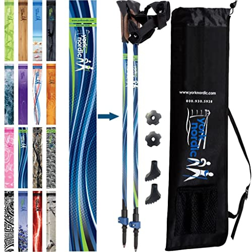 Official Nordic Walking Poles - True Classic Nordic Glove Grips, Lightweight, Adjustable, and Collapsible -2 Pieces w/flip Locks, Detachable Feet and Travel Bag by York Nordic - Heights 5'4-6'2