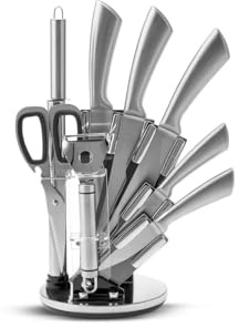Karaca Meister Palm German Stainless Steel Knife Set with Stand, Ultra Sharp Stainless Steel Kitchen Knives with 360 Degree Rotating Stand, Premium Quality Professional Knife Set, 8 Piece, Silver