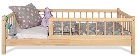 Alije Kinderbett Bett mit Rausfallschutz 80x180cm NINA Lattenrost Bettgestell aus Kiefer Holz für Haus Kinder Jungen & Mädchen - Holzbett Baby Kinderzimmer Junge Deko