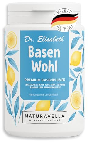 NATURAVELLA BasenWohl - Hochdosiertes Basenpulver 200 g | Für eine gesunde Säure-Basen-Balance | Magnesium, Kalium, Kalzium, Zink & Pflanzenextrakte | Vegan & laborgeprüft | echte Zitrone