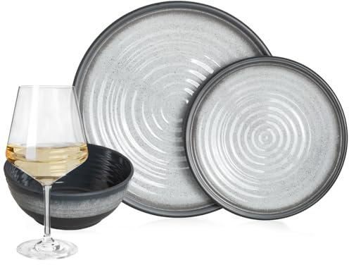 Vaisselle de camping en mélamine pour 4 personnes Gris pierre + 4 verres à vin Milano Blanc