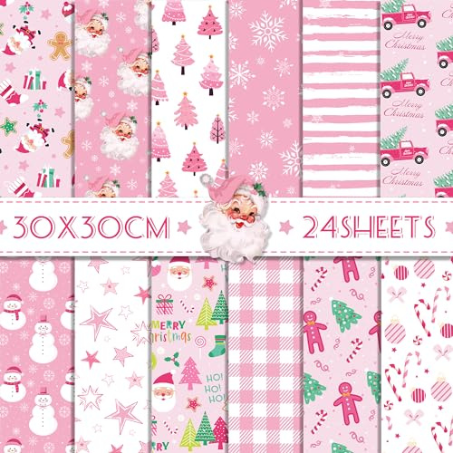 Scrapbook Papier 30x30 Rosa Doppelseitiges Scrapbooking Papier, 12 Muster 24 Blatt Decoupage Papiere Dekorpapier, Scrapbook Bastelpapier mit Weihnachtsbaum Schneeflocken Weihnachtsmann Muster