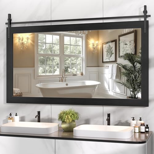 Specchio da Parete con Cornice in Legno Naturale Rustico Moderno - Specchio per Bagno Elegante, Camera da Letto o IngressoRettangolare 150x76 cm, Nero