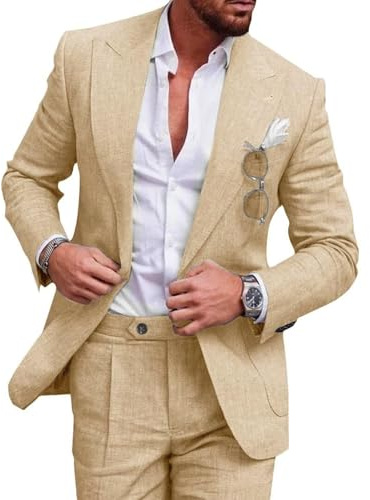 UNINUKOO Linen Suit for Men Summer Wedding 2 Piece Suit Set Peak Lapel Casual Blazer Pants Beach Wear for Men, Champagne, L