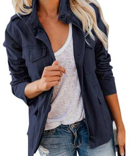 KIHFSODN Womens Cargo Jackets Outdoor Military Combat Cotton Casual Work Utility Safety Anorak Field Safari Parka Jacket Multi-Pocket Lightweight Practical Fall Transitional Jackets(Blue,L)