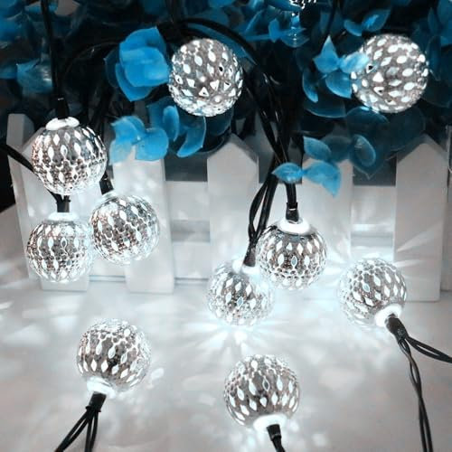 SHANJIA Cadena De Lámparas Esféricas LED,3.2m 20LED Guirnalda de luces LED tipo globo funciona con pilas, para interiores, dormitorios, fiestas, cumpleaños, decoración de árbol de (Blanco, Plateado)