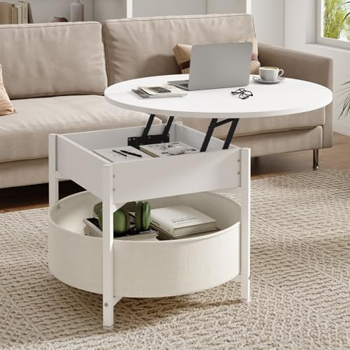 Couchtisch Rund mit Hebeplatte, Couchtisch Höhenverstellbar, Beistelltisch, Wohnzimmertisch mit Korb aus Stoff, Versteckter Stauraum, Metallrahmen, für Wohnzimmer, Büro, 70 x 70 x 50 cm, Weiß