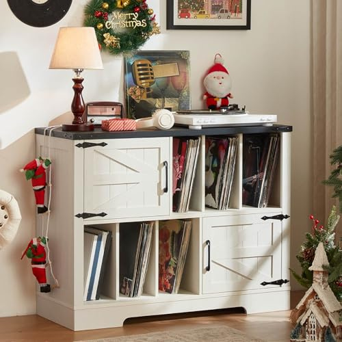 LELELINKY Record Player Stand with Storage, 1m Farmhouse Vinyl Cabinet | Farmhouse Barn Door Design, 6 Open Compartments + 2 Cabinets, Holds up to 300 Albums, 100 x 40 x 76 cm