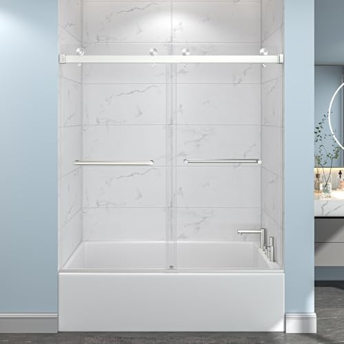 EPXMKX 55-60 W x 60 H Frameless Bathtub Shower Door, Double Sliding Shower Door,5/16(8mm) Clear Tempered Glass,Easy Sliding Tub Shower Door with Explosion-Proof Film (Brushed Nickel 60 Wx60 H)