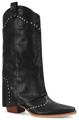 MAIJED Women's Shark Boots Studded Fold Over Mid Calf Chunky Heel Boots Cowboy Cowgirl Slouchy Pull On Boots Black Size US7