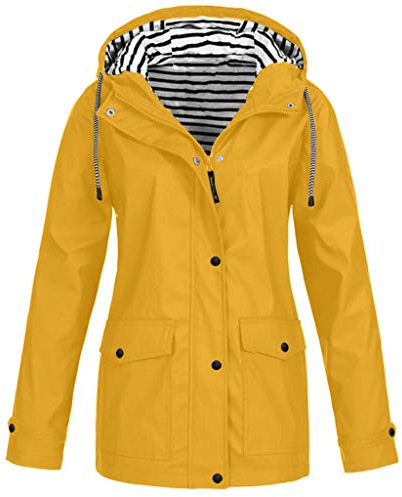 Generisch Chubasqueros abrigos a prueba de viento con capucha impermeable mujeres lluvia al aire libre chaqueta plus abrigo de mujer abrigo corto, amarillo, L