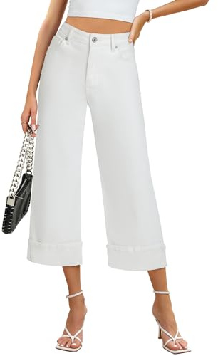 Roskiky Wide Leg Jeans for Women High Waisted Stretchy Denim Crop Capri Pants Fold Hem Cropped with Pockets