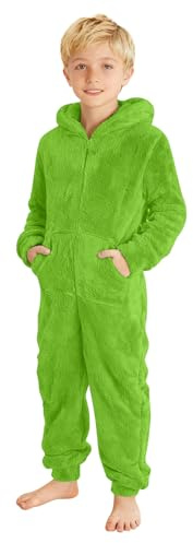Tutina per bambini con cappuccio e cerniera, per ragazzi, in caldo pile, abbigliamento da notte accogliente per ragazzi, pigiama invernale in morbido pile, tutina tutto in uno, idea regalo, verde