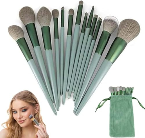 13 Pièces Set Pinceaux Maquillage Emeraude vert avec Sac en Flanelle, KAFULI Pinceaux Professionnel pour fond De Teint Mélange Poudre Le Visage Ombres à Paupières