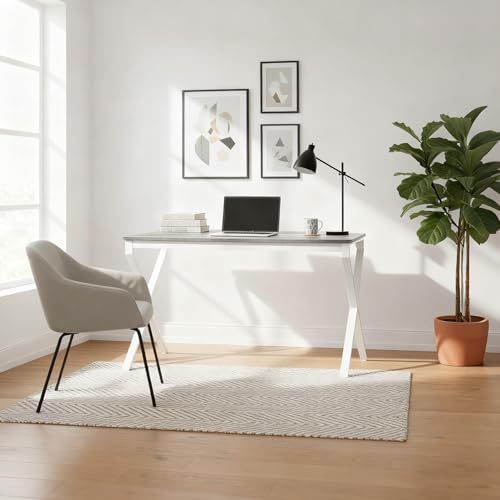 B&D home Schreibtisch Lutz – Modernes Home Office, Computertisch 120x60 cm, Beton Optik Grau/Weißes X-Gestell, Minimalistisch, Gaming Tisch, Klapptisch, Melaminbeschichtet, Stabil