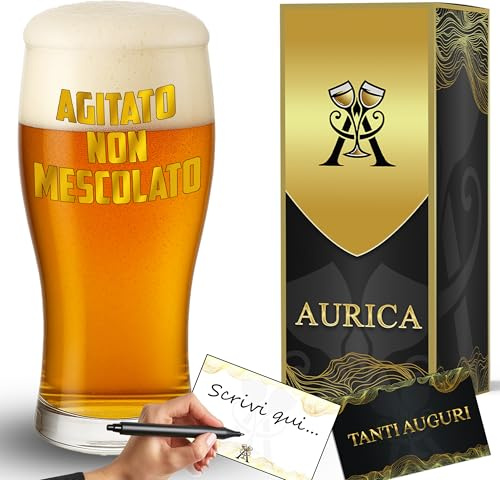 Aurìca Bicchiere Da Birra Personalizzato AGITATO NON MESCOLATO – Boccale Ideale Per Chi Ama I Brindisi Con Classe E Ironia! Regalo Originale Completo Per Compleanni Con Confezione Regalo Inclusa