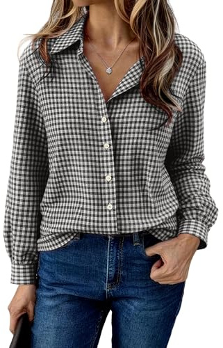 Aottori Donna Camicia Quadri Cotone con Bottoni Camicie Elegante Scollo a V Oversize Maniche Lunghe Maglietta Casual per Oktoberfest Blusa Nero S