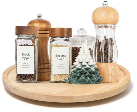Keboyoe 1 Stück Drehteller Holz 360° Holztablett Rustikal Drehbar Lazy Susan Präsentierteller aus Holz Tablett Deko Serviertablett Rund für Küche Herzstück Kerzenständer, 28 cm