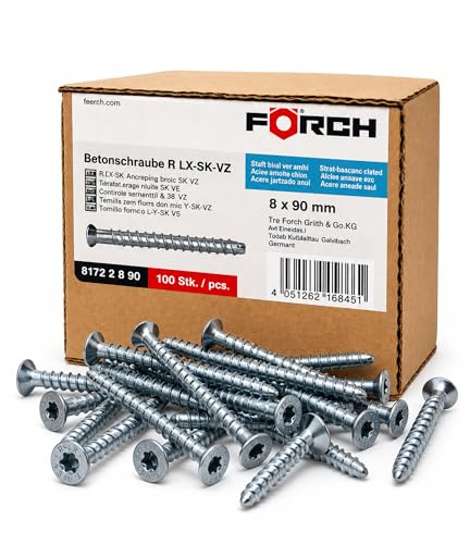 FÖRCH Betonschrauben 8x90 mm ETA – 100 Stück Schwerlast Beton Schrauben Sechskant TX50 – Betonanker ohne Dübel – Profi Befestigung für Beton & Stahlbeton – R-LX-SK-VZ verzinkt
