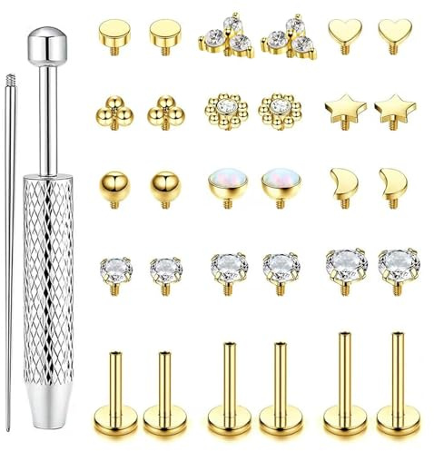 MLPKOI 32 Pcs 16G Piercing Tragus Acero Quirúrgico Piercing Trago Labret Nariz Rosca Interna Piercing Labio con Zircón para Mujer Hombre Oro