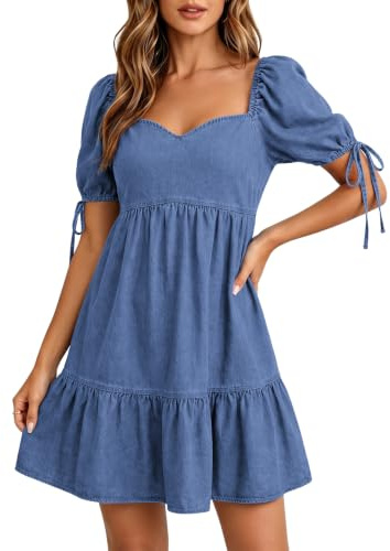 Fengbay Denim Dresses for Women UK Sweetheart Neck Puff Sleeve Jean Dress | Soft Breathable Stretch Denim;Tie Adjustable Puff Sleeves;High Waist A Line Silhouette;All Occasion Mini Dress