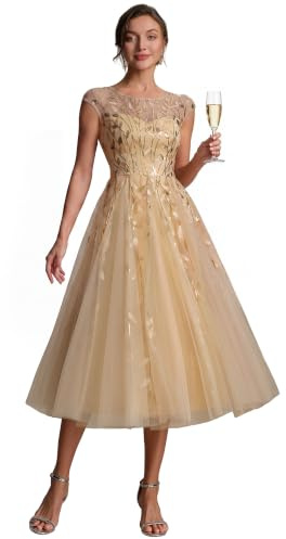 Ever-Pretty Sequin Midi Evening Dress Cap Sleeve Tulle Formal Wedding Guest Dresses for Prom Party 02778