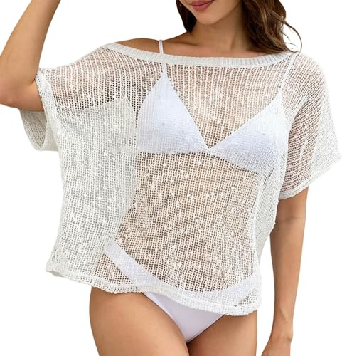 QXQLSH - Suéter de ganchillo para mujer, color liso, con hombros descubiertos, manga corta, suéter de punto casual de verano, para la playa, suéter ligero y suelto