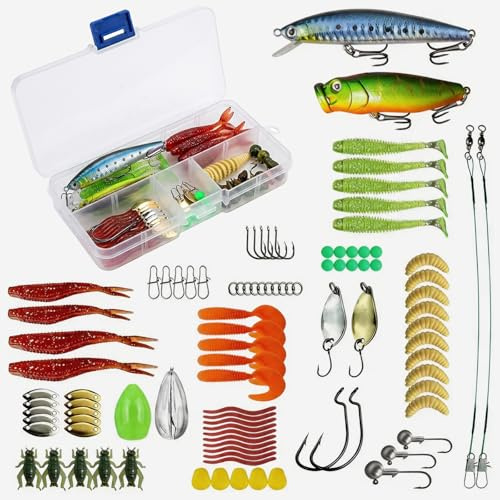 Artomnivera Juego de 98 señuelos de pesca con caja de cebo – Señuelos artificiales, señuelos de goma, señuelos, señuelos, señuelos, cabezas de jig heads, popper, set de accesorios de pesca para lucio