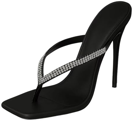 Genérico Sandalias Mujer Satén Tipo Tanga Punta Cuadrada Tacón Alto Stiletto con Strass Zapatos Elegantes De Verano para Fiesta Cóctel Noche,Negro,35.5 EU