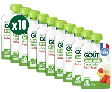 GOOD GOÛT - Brassé Végétal À Base D'Avoine - Dessert Bébé - Dès 6 Mois - Fraise, Banane - Sans Lactose Ni Protéines De Lait De Vache - Format Nomade - 10x90g (L'emballage peut varier)