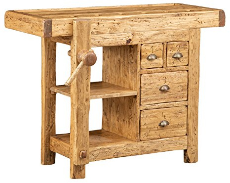 Biscottini Banco Tavolo da lavoro Country in legno massello di tiglio finitura naturale anticata L 116 x PR 63 x H 90 cm Made in Italy, fedele riproduzione di un antico ed originale Banco da Falegname