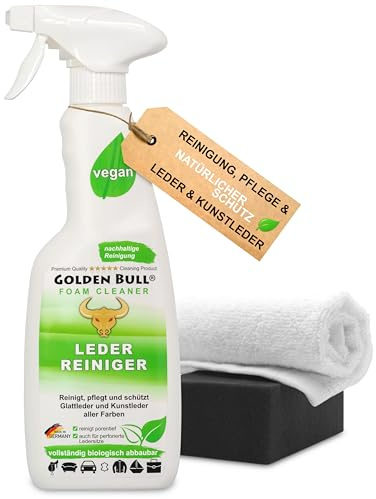 Golden Bull® Lederreiniger & Lederpflege Auto Sofa Set [STARK UND VEGAN] Leder Kunstleder Reiniger Schaum Spray 500ml, Schwamm, Tuch für Reinigung & Pflege von Ledersitz, Autositz, Ledercouch
