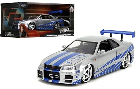 Jada Toys Fast & Furious Brian’s 2002 Nissan Skyline R34 Die-cast Car, 1:24 Scale, Silver & Blue,19808