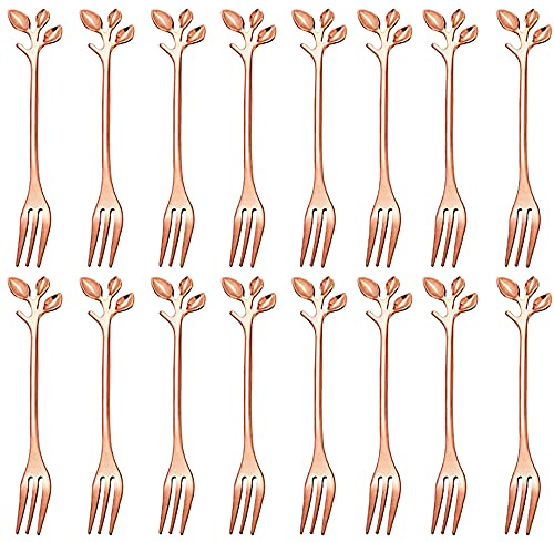Comicfs 16 Pcs Stainless Steel Rose Gold Leaf Creative Appetizer Cake Fruit Forks Set 4.7 Inches Tasting Dessert Forks Kitchen Accessory Wedding Party (16 Forks, Rose Gold)