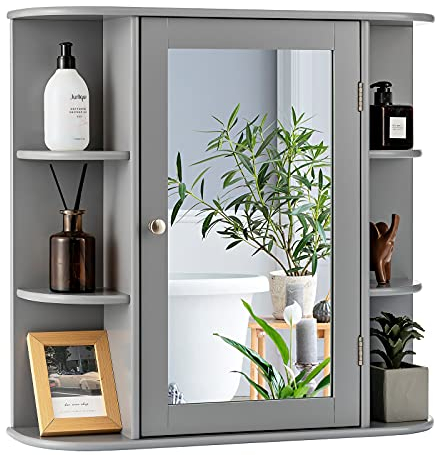 COSTWAY Spiegelschrank Bad, 4 Fächer & 6 offene Ablagen, Badezimmerschrank mit Spiegel, Badschrank hängend, Badezimmer Hängeschrank, Holz, 66 x 17 x 63cm (Grau)