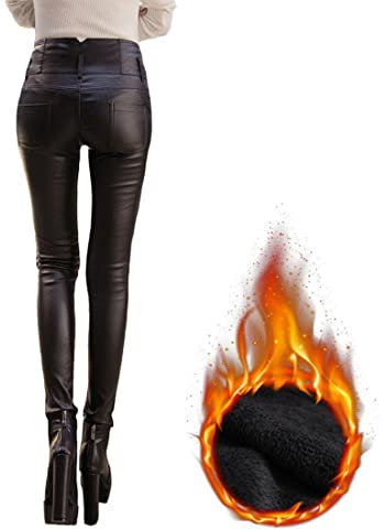Skrsila Leggings Cuir Femme Taille Haute Sexy Collant Mince Slim Noir Elastique Peluche Similicuir Pantalon
