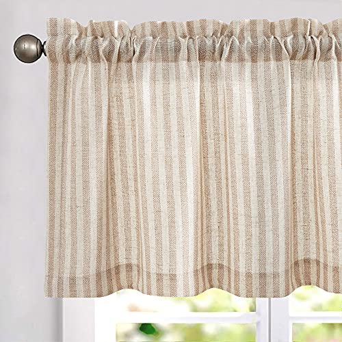 TOPICK Net Curtain Striped Linen Curtains with Stripes Kitchen Curtain Short Kitchen Curtains for Kitchen Dining Room Bathroom Small Window 1 Piece 50 W x 18 L Taupe on Beige