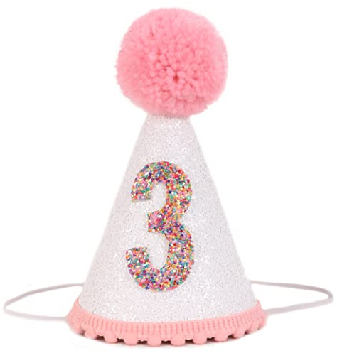 LINLULU Birthday Hat for Girls, Pink Glitter Hat with Pom Topper (3rd Birthday hat, 5.7*3.3 inches), Perfect Princess Birthday Decorations, Rainbow Number 3, Ideal Girls Birthday Gift