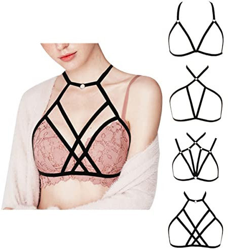 Sujetador Sexy con Tirantes y Ahuecado para Mujer, Bralette de Jaula elástica sin Copas Punk gótico Seductor Ajustable con cinturón Halter Top Corto para Damas Festival Club (Set of 4)