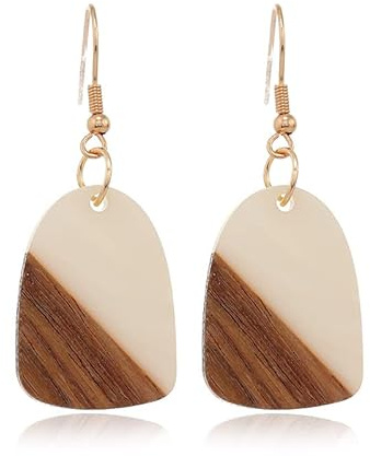 Zhang shine Boho Retro Resin Wooden Lightweight Geometric Dangle Drop Earrings Natural Layered Wood Teardrop Earrings for Women
