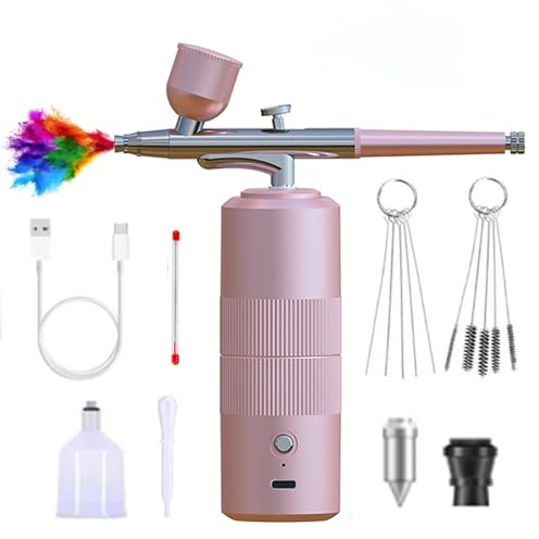 XIEANDKONG Airbrush Set, Dual-Action Airbrushpistole mit Kompressor, 36PSI Portable Air Brush Set für Make-up Kunst Handwerk Kuchen Tattoo Modell Dekoration Nageldesign mit 0,3 mm Düse (Pink-A05)