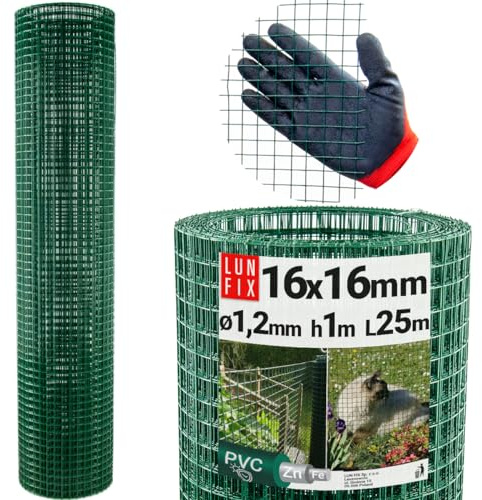 Rete per voliera, per topi di arvicole, rete di protezione, filo di coniglio, spessore 1,2 mm, larghezza maglie 16 x 16 mm, altezza 1 m, lunghezza 25 m, PVC verde