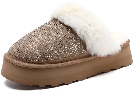 Waysoland Zapatillas de casa Mujer,Las Plataforma Pantuflas a Cuadros de memoria difusa de las Damas se Deslizan en el Dormitorio Suela Antideslizante Zapatillas(Strass Beis,36/37 EU)