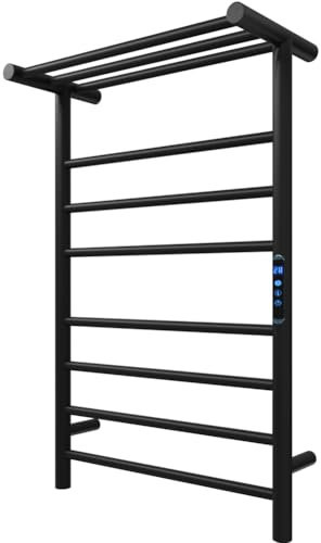 KWW Toallero de Control Remoto del Baño, Cronómetro de 1-9 Horas y Temperatura Ajustable, Indicador Led, Tendedero de Acero Inoxidable con Estante Superior (Negro Mate, 7+3 Barras)