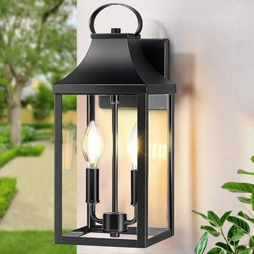MYHXQ 15 Black Outdoor Wall Lantern 2-Light, Outside Modern Wall Sconce Light Fixture, Industrial Porch Light Wall Mount with E12 Sockets, Waterproof Exterior Lamp Lighting, Black