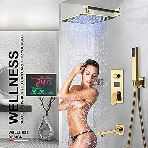 LOPZUQLY Goldfarbenes digitales Duscharmatur-Set, Regenduschkopf, Goldener 3-Wege-Mischbatterie mit digitaler Temperaturanzeige, Wannenauslauf, Dusche, 8-Zoll-Duschset, 16-Zoll-Duschset
